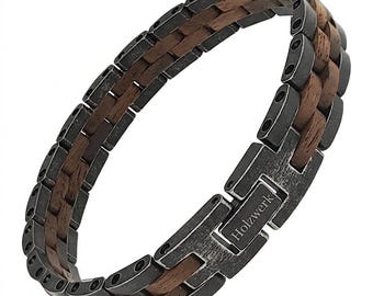 Holzwerk RAGUNSEE Women's and Men's Wood & Stainless Steel Bracelet, Designer Link Bracelet, Modern Chain Bracelet in Walnut Wood, Grey, Brown