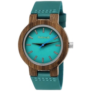 Holzwerk LIL KAHLA small ladies&#39; wristwatch, leather & wood bracelet watch, modern ladies&#39; watch, fashionable wooden watch in turquoise blue, walnut brown