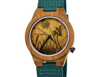 Holzwerk FLORISTIC Damen Holz und Leder Armband Uhr mit Blumen Muster, Damenuhr, Holzuhr in türkis blau & Walnuss braun