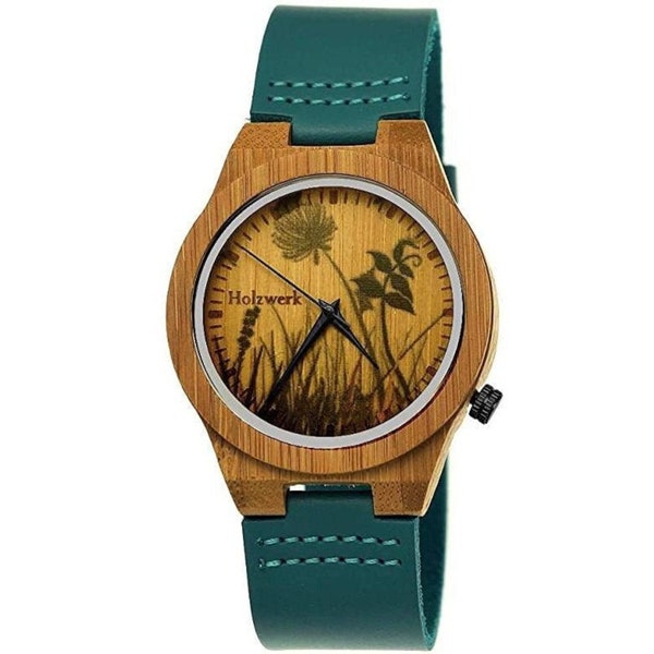 Holzwerk FLORISTIC women's wood and leather bracelet watch with flower pattern, women's watch, wooden watch in turquoise blue & walnut brown