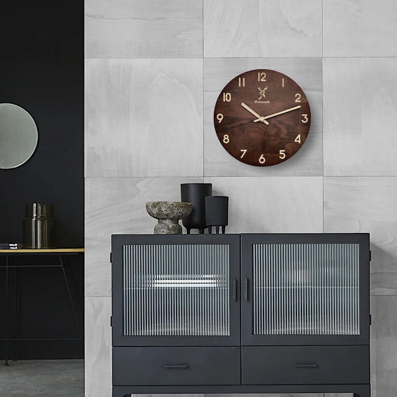 Holzwerk WINTERBERG moderne Holz Wanduhr, lautlos, geräuschlos, leise, Massive Wand Holzuhr ohne Tick Geräusche, dunkel braun, beige, Wandmontage