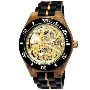 Holzwerk CALAU women's, men's automatic wood & stainless steel bracelet watch, modern automatic watch, fashionable wristwatch in black, gold, beige