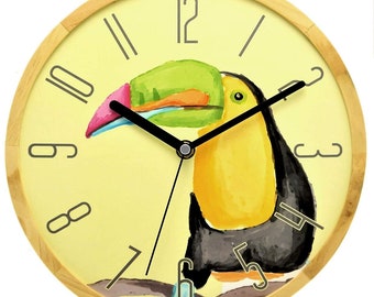 Holzwerk TUKAN bird wall clock made of wood in yellow, colourful