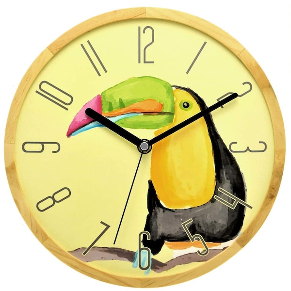 Holzwerk TUKAN bird modern wooden wall clock, silent, silent, quiet, designer wall wooden clock without tick noises, yellow, colorful