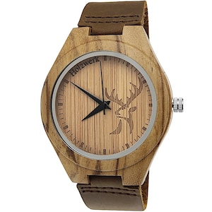 Holzwerk HIRSCHBERG Damen, Herren Leder & Holz Armband Uhr mit Hirsch Logo, Herrenuhr, Damenuhr, moderne Holzuhr, Armbanduhr Walnuss braun