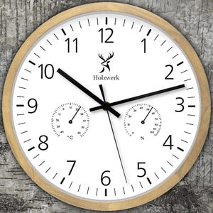 Holzwerk MEERSBURG Holz Quarz-Wanduhr mit Ziffern, Hygrometer & Thermometer Wanduhr, 30 cm Holz Designer Wand Uhr sehr lautlos, beige, weiß, Frontansicht