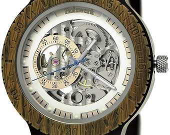 Holzwerk DANNENBERG women&#39;s, men&#39;s automatic wood & stainless steel bracelet watch, modern automatic watch, fashionable wristwatch in brown, silver, white