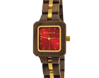Holzwerk MAINZ small women's wood & stainless steel bracelet watch, modern women's watch, fashionable wooden watch, wristwatch in walnut brown, gold, red