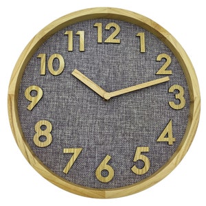 Holzwerk COTTBUS wooden wall clock, modern 30 cm Ø designer textile quartz wall clock with digits, almost silent movement, beige, gray