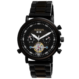 Holzwerk DARGUN women&#39;s, men&#39;s automatic wood & stainless steel bracelet watch, date, chronograph, modern wristwatch, wooden watch in black, silver
