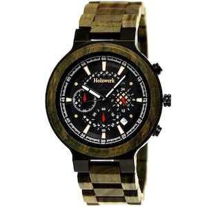 Holzwerk BALINGEN ladies and men&#39;s wooden watch chronograph with date in green, black