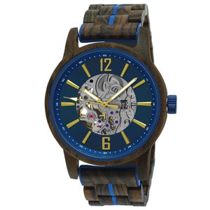 Holzwerk CRIVITZ women&#39;s, men&#39;s automatic wood & stainless steel bracelet watch, modern automatic watch, fashionable wristwatch blue, gold, walnut brown