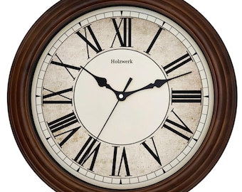 Reloj de pared de madera retro vintage BEDBURG, analógico, de 35 cm de diámetro, de cuarzo, con números romanos, movimiento prácticamente silencioso, color marrón o beige.