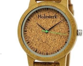 Holzwerk EUTIN women's and men's wooden watch with cork & leather strap, women's watch, men's watch, maple wooden watch in beige, green