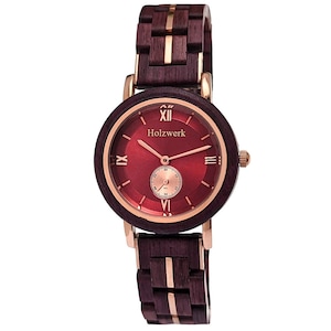 Holzwerk BURSCHEID small ladies wood & stainless steel bracelet watch, modern ladies watch, fashionable wooden watch, wristwatch in purple brown, rose gold, red