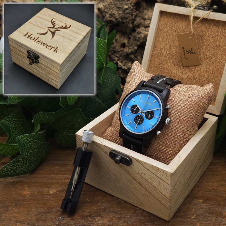 Holzwerk GERDEN Damen, Herren Chronograph Holz & Edelstahl Armband Uhr, moderne Armbanduhr, modische Holzuhr, schwarz, silber, hell blau, Uhrenbox