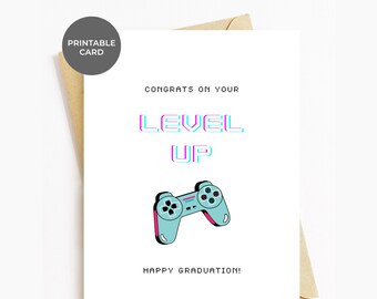Carte de remise des diplômes IMPRIMABLE Cartes de félicitations uniques pour l'obtention du diplôme pour les amateurs de jeux vidéo Gamer, étudiant diplômé du collège, du secondaire