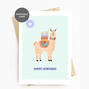 Carte d'anniversaire imprimable Lama mignon animal Happy Bday Kids premier anniversaire cartes de fête pour lui son ami bébé petit-enfant nièce neveu