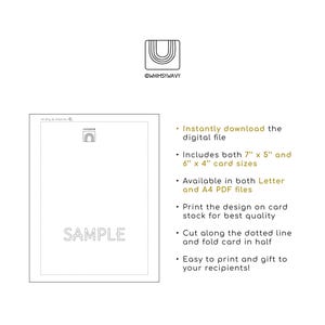 May include: A printable card template featuring a simple rainbow arch design. The template is labelled "SAMPLE" and includes instructions for printing, cutting, and folding the card. The card is available in two sizes: 7" x 5" and 6" x 4".