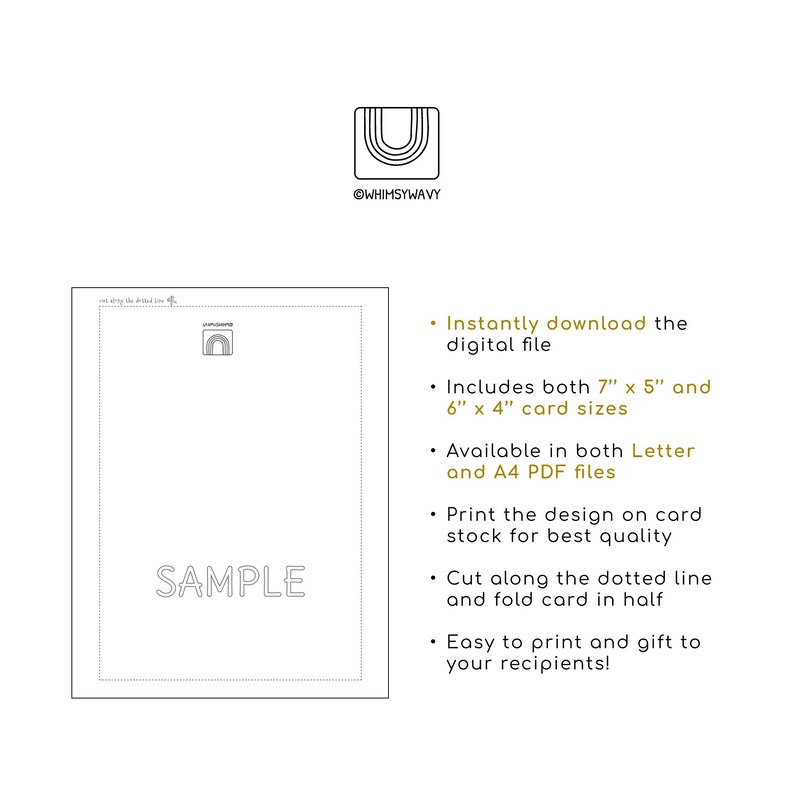 May include: A printable card template featuring a simple rainbow arch design. The template is labelled "SAMPLE" and includes instructions for printing, cutting, and folding the card. The card is available in two sizes: 7" x 5" and 6" x 4".