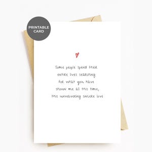Tarjeta de aniversario imprimible para esposo, esposa, novio, novia y prometido. Texto minimalista y simple. Tarjeta romántica de San Valentín.