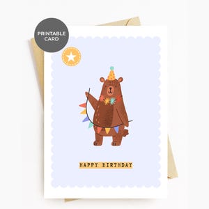 Carte d'anniversaire imprimable mignon ours animal joyeux anniversaire pour enfants premier anniversaire cartes de fête pour lui son ami bébé petit-enfant nièce neveu