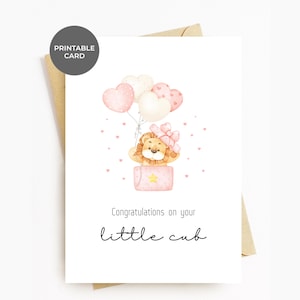 Tarjeta de Baby Shower IMPRIMIBLE Pequeño Cachorro de León Linda Niña Recién Nacida Felicitaciones Para Nuevos Padres Mamá Madre Papá Padre Madrina Madrina