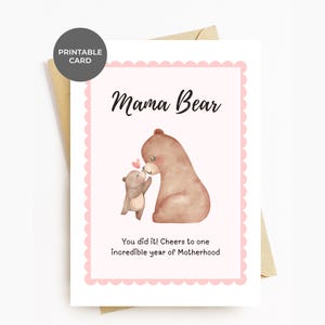 Moederdagkaart AFDRUKBARE Eerste jaar moederschap moeder voor vrouw van echtgenoot Nieuwe moeders moeder moeder ouder baby 1e verjaardag Mama Bear kaarten