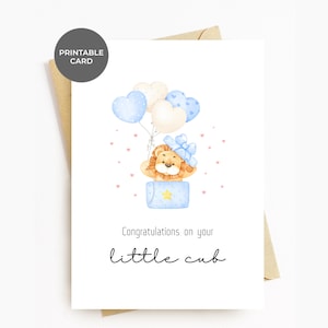 Tarjeta de Baby Shower IMPRIMIBLE Pequeño Cachorro de León Lindo Bebé Recién Nacido Tarjeta de Felicitaciones para Nuevos Padres Mamá Madre Papá Padre Madrina Madrina