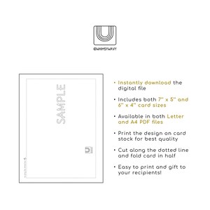 Puede incluir: Una plantilla de tarjeta imprimible con un dise&ntilde;o de tarjeta de muestra. La tarjeta est&aacute; en blanco y tiene una l&iacute;nea punteada para doblar. El texto en la imagen dice "SAMPLE". La tarjeta est&aacute; disponible en tama&ntilde;os de 7" x 5" y 6" x 4".