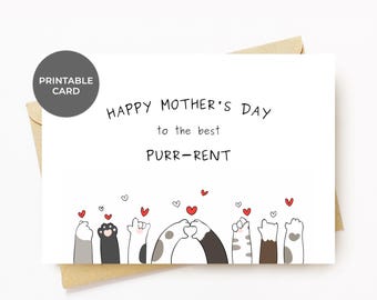 Printable Mother’s Day Card To The Best Purr-rent, Happy Mothers Day, Cute Funny Cat Pun Card For Wife Girlfriend New Cat Lady Mom Parent