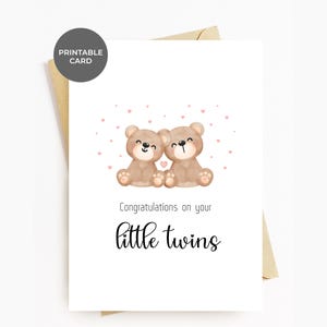 Tarjeta de Baby Shower para Gemelos IMPRIMIBLE Nuevos Bebés Gemelos Pequeños Ositos Lindas Tarjetas de Felicitaciones para Recién Nacidos Para Padres Mamá Papá Madrina Abuelos