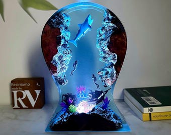 Handmade Shark Epoxy Lamp: RGB LED Headphone Stand, Gamer Gift