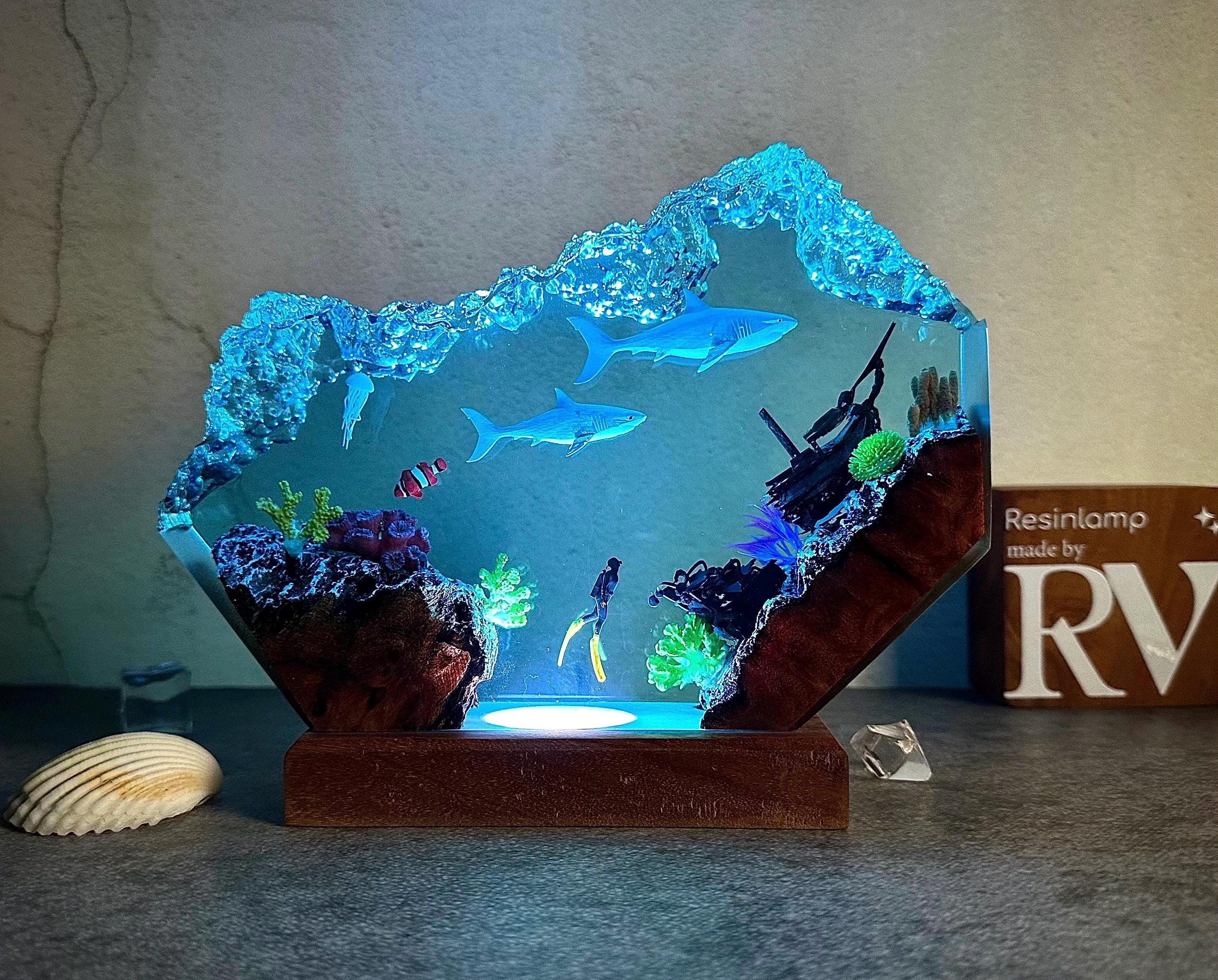 Custom Great White Shark and Scuba Resin Lamp, SCUBA DIVER Epoxy