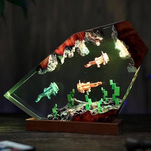 Handcrafted Axolotl Cube Lamp, Pixel Style axolotl, Resin & Wood LED Night Light, home decoration, gift for her, Christmas gift