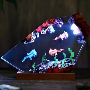 Handmade Handcrafted Axolotl Cube Lamp, Pixel Style axolotl, Resin & Wood LED Night Light, home decoration, gift for her, Christmas gift