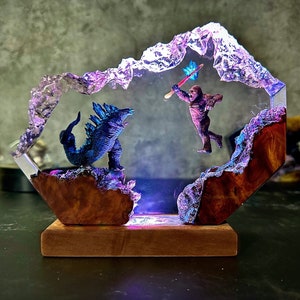 Diorama resin wood lamp, Two Legendary monsters fight, custom Resin Lamp, Personalized Gift, gift for that person