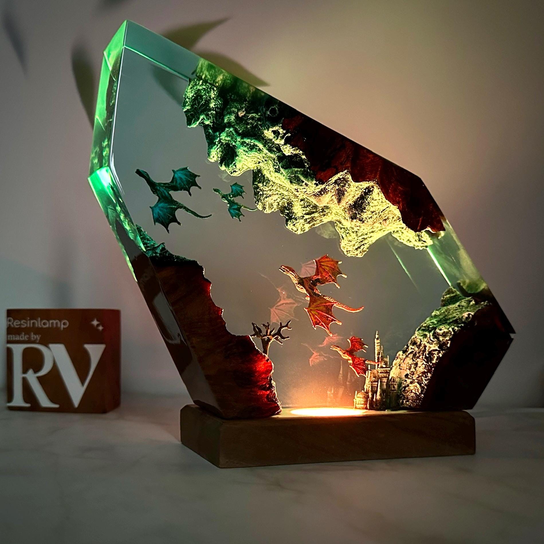 Handmade Fire Dragon and Ice Dragon Lamp, Resin Wood Lamp