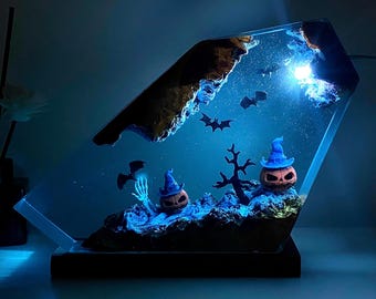 Handmade Halloween Night Light: Resin Wood Pumpkin & Bats