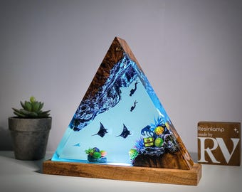 Custom Epoxy Resin Lamp: Manta Rays, Divers, Coral Reef