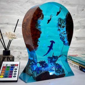 Epoxy Resin Ocean Lamp -  Hammerhead and Couple Diver Night light- Epoxy Resin Wood lamp- Headphone Stand-Unique Summer Gift- Home decor