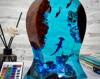 Epoxy Resin Ocean Lamp -  Hammerhead and Couple Diver Night light- Epoxy Resin Wood lamp- Headphone Stand-Unique Summer Gift- Home decor