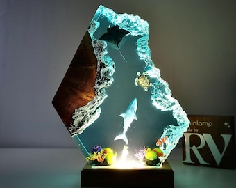 Epoxy Resin Ocean Lamp, Shark, Turtle, and Coral Reef Night Light,  Resin Wood Art Lamp, wood resin decor, gift for him, Christmas gift