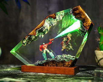 Opti.mus Titan vs Omega Destroyer Diorama Lamp: Handmade Resin Art, Gift for Hallowen, Gift for kids, Robot Figure, table lamp