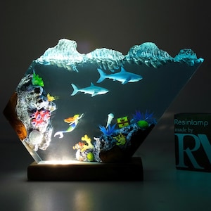 Custom Daddy shark and Baby shark light night, Mermaid looking for treasure, Epoxy Resin Table Lamp, Fathers day gift, Home decor, Kid gifts