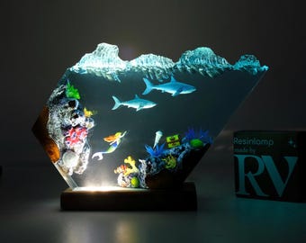 Handmade Shark & Mermaid Resin Night Light: Ocean Scene Table Lamp