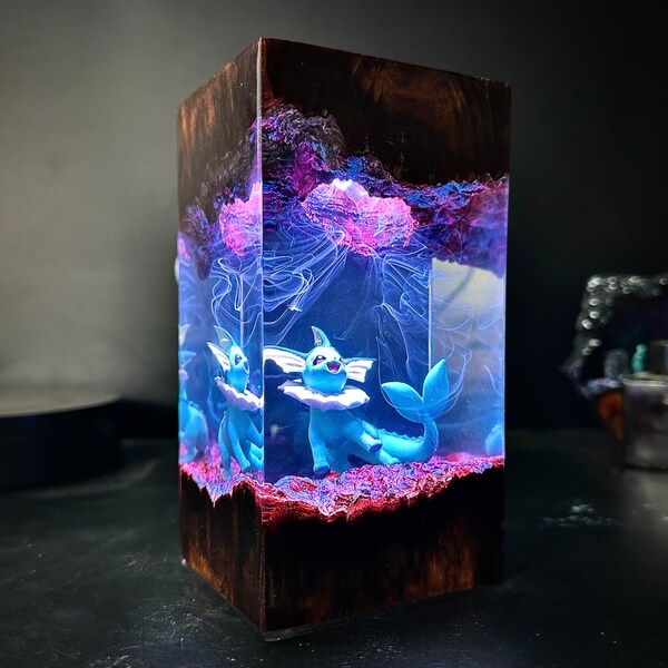 Custom VAPOREON wood Lamp, Christmas Gift, Custom Diorama, Pokemon Gifts, Resin Epoxy Night Light, Personalized Diorama Gift