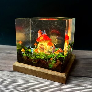 Fairy night light, wooden lamp, fairy forest, mushroom house, shimmering sky, mother gift, girlfriend gift, birthday gift, baby gift image 5