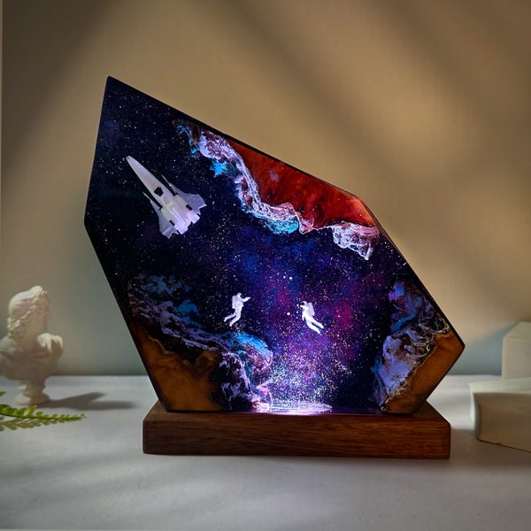 Space epoxy wood lamp, Universe Lamp, Galaxy Night Light, Astronaut Rocket Resin Lamp, Winter Gift, Valentines day gift, Fathers day gift