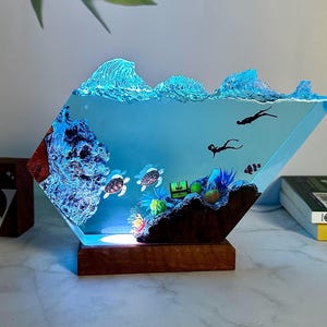 Resin Wood Ocean Night Light: Sea Turtle & Diver Scene